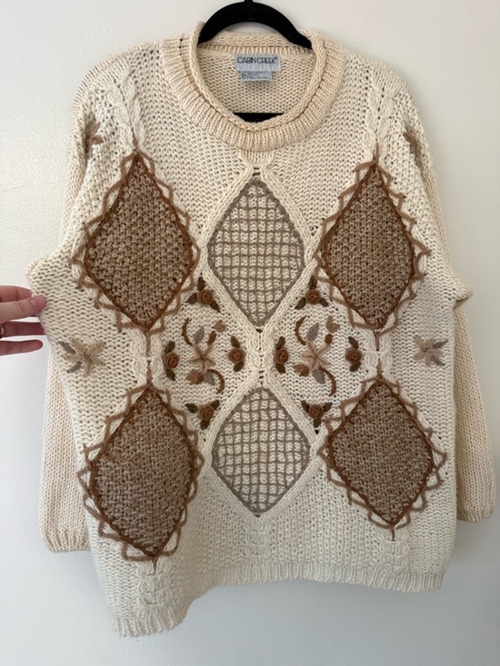 Vintage 90s Sz Lg Cottagecore Grandma Knit Chunky Neutral Sweater Patchwork Tan - Picture 3 of 16
